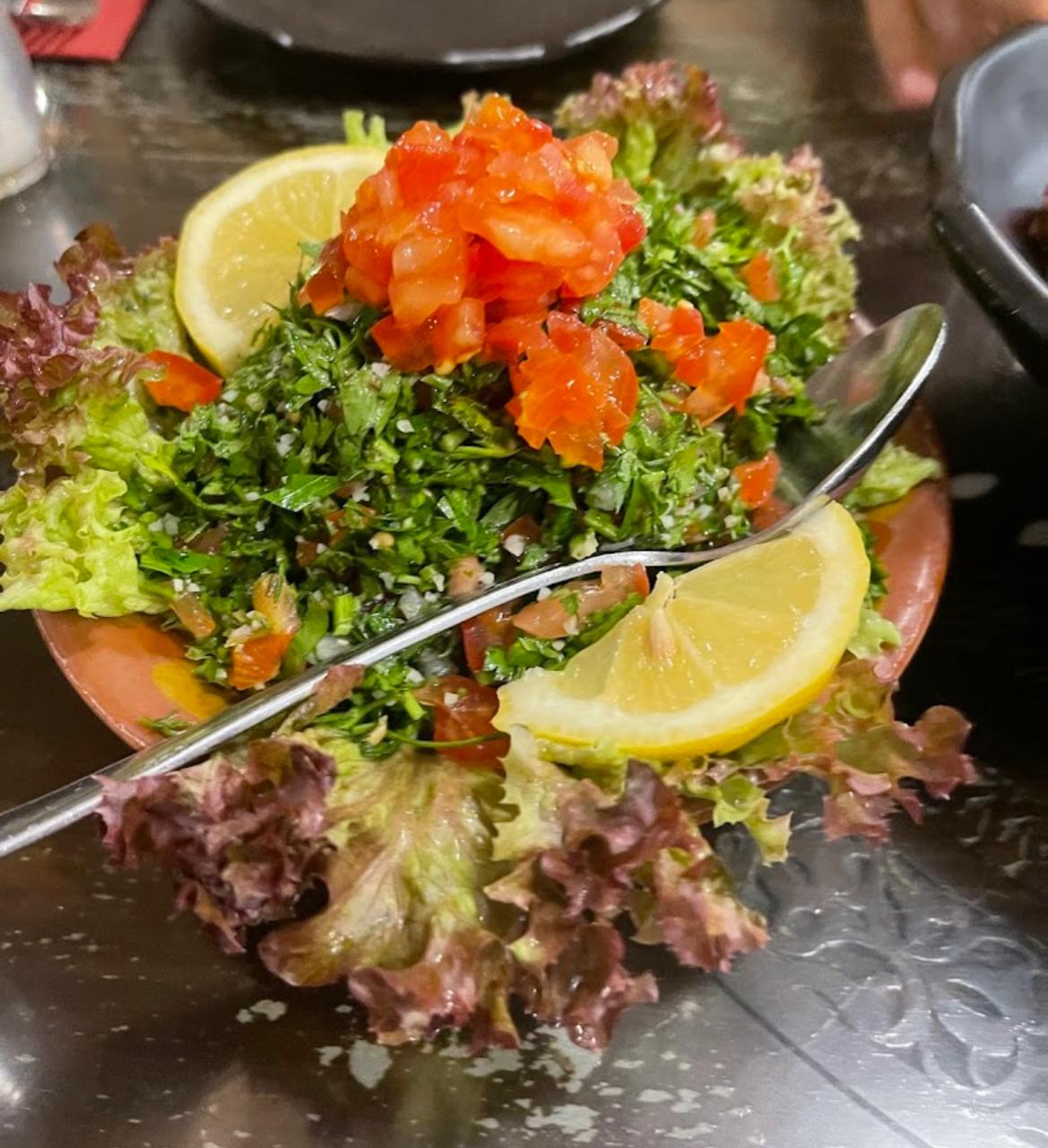 Libanesisches Mezze-Arrangement mit mehreren kleinen Schälchen traditioneller Vorspeisen